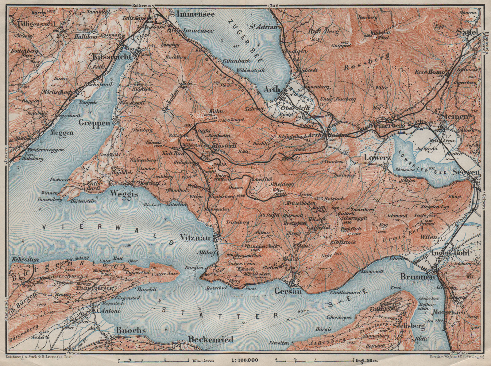 THE RIGI. Vitznau Lowerz Immensee Arth Gersau Bekenried. Topo-map 1911 old